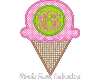 Ice Cream Cone Monogram Machine Embroidery Applique