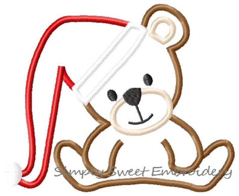 May include: A brown teddy bear wearing a red and white Santa hat. The bear is sitting with its legs crossed and has a happy expression on its face.
