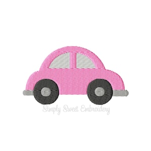 May include: A pink cartoon car with black wheels and a gray windshield.  The car is a simple design with no details.