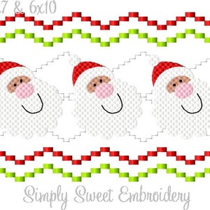 May include: Three embroidered Santa Claus faces with red hats and white beards, with a red and green wavy border above and below. The text "Simply Sweet Embroidery" is at the bottom of the image.