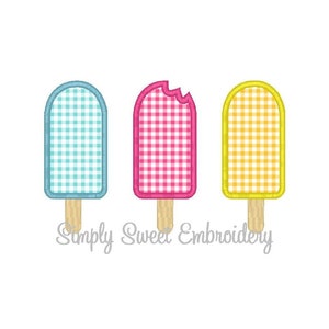 May include: Three embroidered popsicle designs with gingham patterns. The popsicles are blue, pink, and yellow.