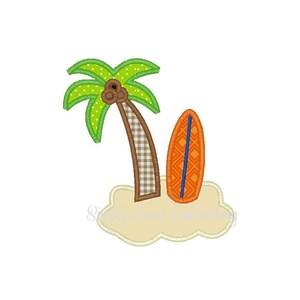 May include: A tropical-themed design featuring a palm tree with green leaves and a brown checkered trunk, a surfboard, and a sandy island. The surfboard is orange with a blue stripe. The design is embroidered.