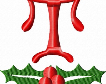 May include: Red embroidered letter "T" with a green holly sprig and red berries underneath.