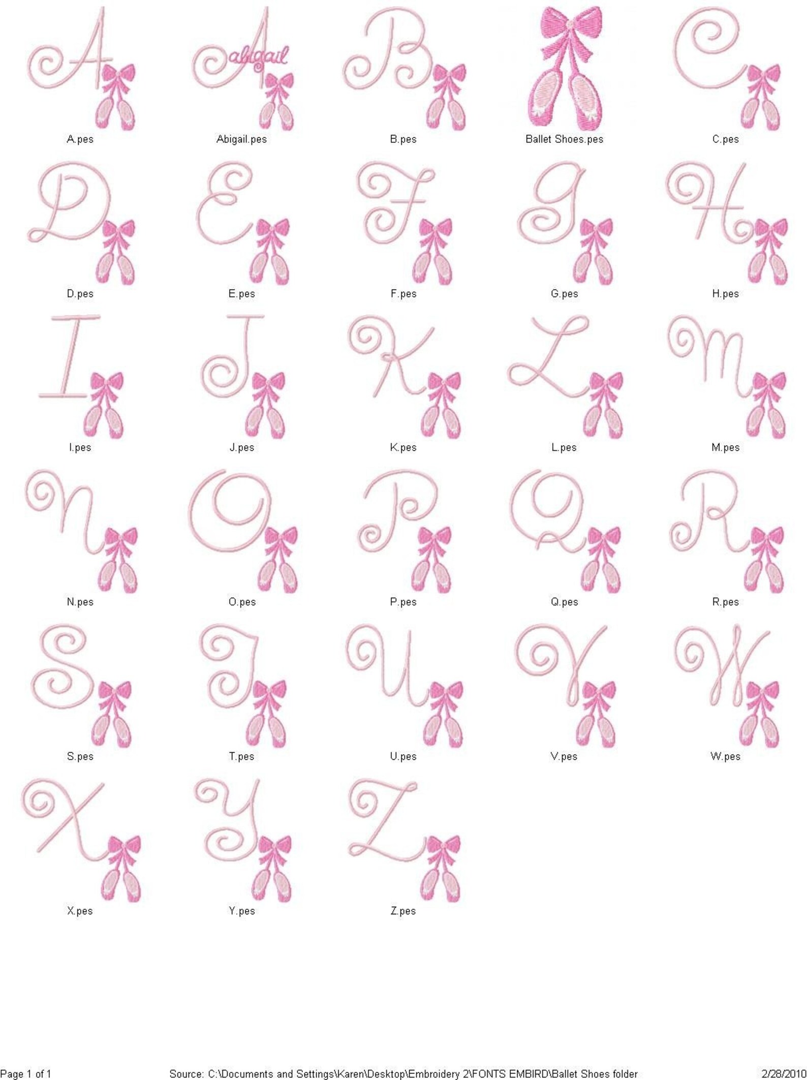 ballet shoes machine embroidery design monogram font set
