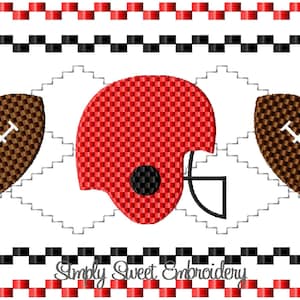 May include: Red, white, and brown football themed embroidery design with two footballs and a helmet. The design includes a black and white checkered border and a red and white checkered border. The text "Simply Sweet Embroidery" is at the bottom of the design.
