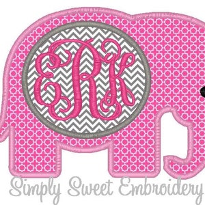 May include: Pink elephant embroidery design with a gray and white chevron pattern circle in the center. The circle contains a pink monogram.