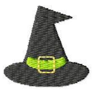 May include: A black witch hat with a green band and a gold buckle. The hat has a pointed crown and a wide brim.