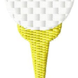 May include: A white golf ball on a yellow tee with green grass at the base.