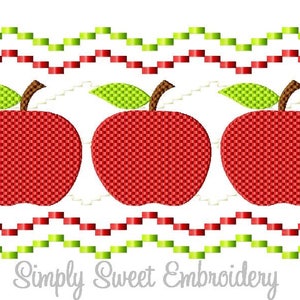 May include: Three red apples with green leaves, arranged in a row against a white background with a red and green zig-zag border. The text "Simply Sweet Embroidery" is at the bottom of the image.