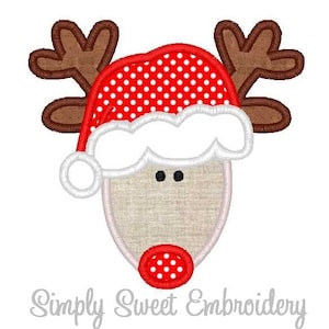 Christmas Reindeer with Santa Hat Machine Embroidery Applique Design