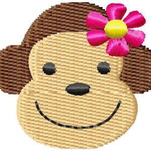 May include: A brown monkey face with a pink flower on top. The monkey has a big smile and brown ears.