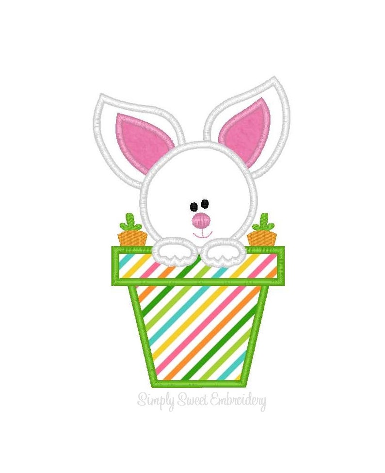 Bunny Flower Pot Machine Embroidery Applique Design image 1