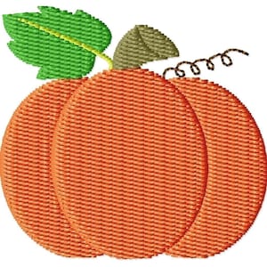May include: An orange pumpkin with a green stem and leaf. The pumpkin is a simple, cartoon-like design.