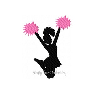 Puede incluir: Silueta de una animadora con pompones rosas levantados en el aire.