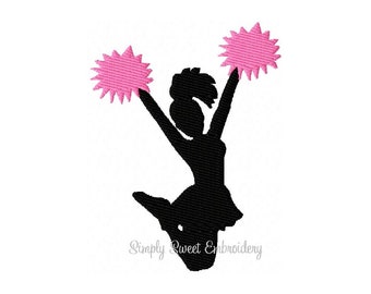 Op de afbeelding: Silhouet van een cheerleader met roze pompoenen in de lucht.
