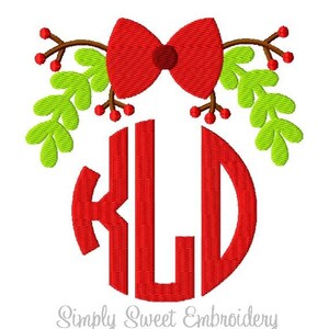 Christmas Holly Bow Monogram Topper Machine Embroidery Design