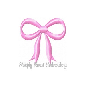 May include: A pink satin bow with a centre knot. The bow is tied with two long tails.