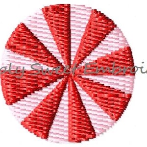 May include: A red and white peppermint candy with a swirl design. The candy is round and has a glossy finish.