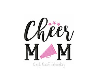 May include: Cheer Mom embroidery design with a pink megaphone and three stars.