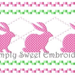 May include: Three pink bunny silhouettes with a checkered pattern, repeated three times, with a green and pink border at the top and bottom. The text "Simply Sweet Embroidery" is centered below the bunnies.