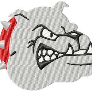May include: A white bulldog with a red collar and spikes, with a snarling expression and black eyes. The bulldog's mouth is open, showing sharp teeth.