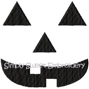 May include: Black and white embroidery design of a jack-o'-lantern face with a wide smile and triangular eyes. The design is perfect for Halloween crafts and decorations.