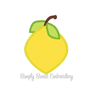 May include: A yellow lemon with a green leaf and brown stem. The lemon has a dotted pattern.