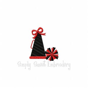 May include: Black and red cheerleading megaphone with a red bow and a black and red pom-pom.  Simply Sweet Embroidery.