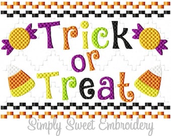 May include: A colorful embroidery design featuring the text "Trick or Treat" with candy corn and candy pieces. The design is framed with a black and orange checkered border and the text "Simply Sweet Embroidery" appears below.