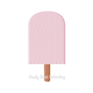 Pode incluir: Um picolé rosa com um palito marrom. Simply Sweet Embroidery.