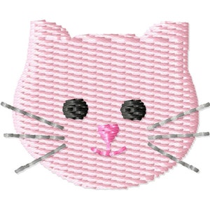 May include: Pink embroidered kitty face with black eyes and a pink nose. The kitty face is stitched with a striped pattern.
