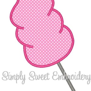 Puede incluir: Un diseño de algodón de azúcar rosa con lunares blancos y un contorno rosa, sobre un palo gris. Las palabras "Simply Sweet Embroidery" están escritas en gris debajo.