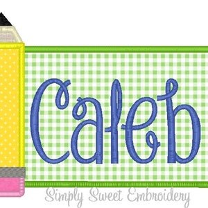 May include: A green and white gingham background with a blue embroidered name "Caleb" and a yellow pencil with pink eraser on the left side. The text "Simply Sweet Embroidery" is at the bottom of the image.