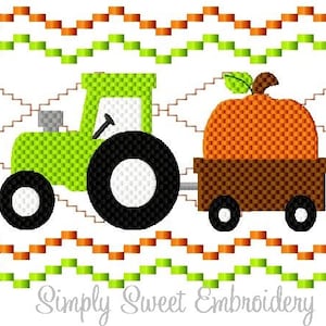 May include: A green tractor with a brown wagon carrying a large orange pumpkin. The tractor has black wheels and a white steering wheel. The wagon has two black wheels. The image is set against a background of green and orange zig-zag lines.