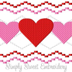May include: Three hearts, one red and two pink, are arranged in a row. The hearts are outlined in white and have a checkered pattern. The hearts are surrounded by a white background with a gray checkered pattern. The top and bottom of the image are bordered by red and pink checkered lines.
