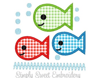 May include: Three embroidered fish with gingham patterns in red, green, and blue. The fish are swimming in a wavy blue line with bubbles above them. The text "Simply Sweet Embroidery" is below the fish.