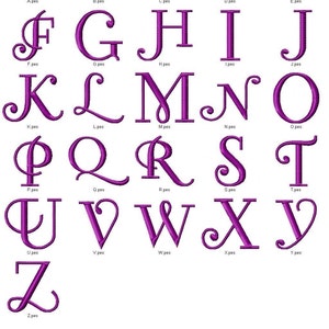 May include: A purple alphabet with a decorative script font. Each letter is displayed individually with the letter name and the word "pes" below it.