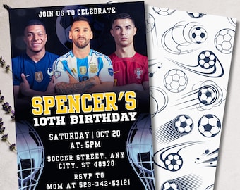 Plantilla editable de invitación de cumpleaños de fútbol, fiesta deportiva personalizada, estrellas del fútbol, Messi, Ronaldo, Mbappé, confirmación de asistencia imprimible - RAMI0086
