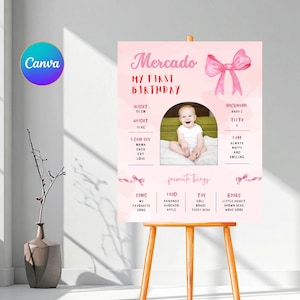 Pink Bow Birthday Milestone Sign, Pink Bow 1st Birthday Milestone Board, Milestone Poster Printable, Baby First Year Stats Pink Bow Girl