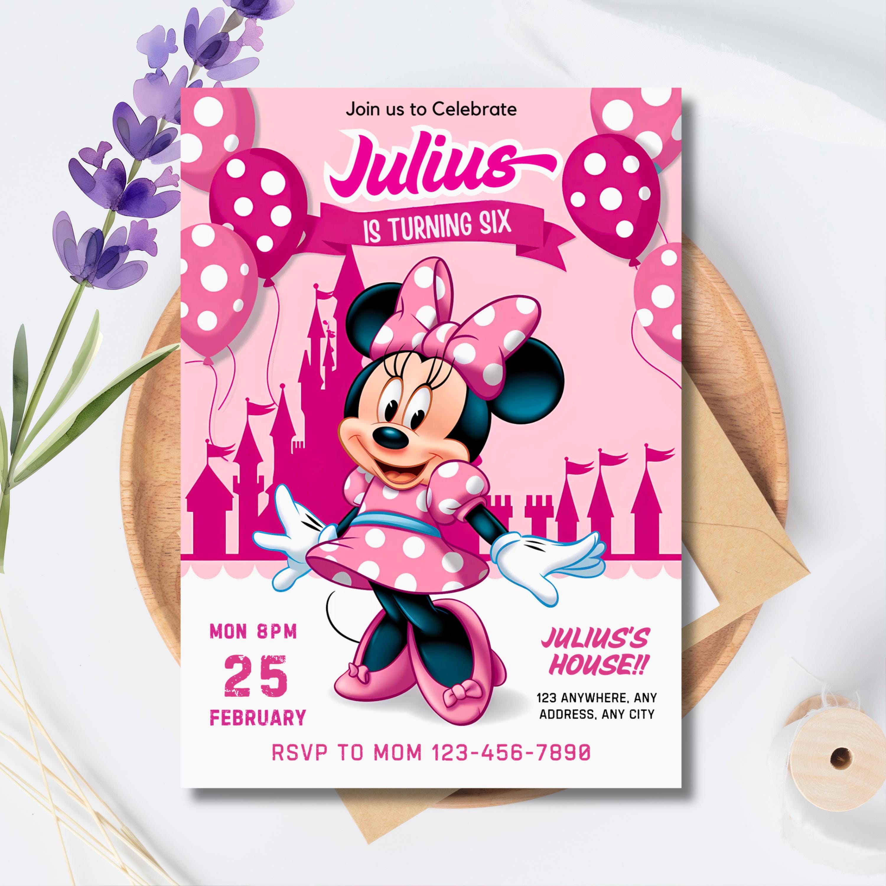 Editable Minnie Mouse Birthday Invitation: Watercolor Pink Party (PNG Download)