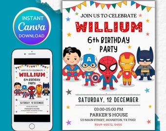 Editable Superhero Birthday Invitation Template: 5x7 Kids Party Invite (Digital Download)