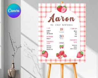 Berry First Birthday Milestone Sign Template, Strawberry 1st Birthday Sign, Editable Strawberry Milestones Board - RAMI0009