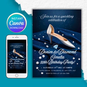 Verjaardagsuitnodiging denim en diamanten: elegante afdrukbare (canvasjabloon)