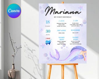 May include: A personalized first birthday poster featuring the name "Mariana" in elegant script. The poster includes details like weight (18 pounds), height (30 inches), favorite things, and a mermaid illustration. The Canva logo is visible.