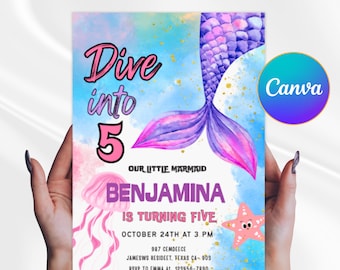 Invitación de cumpleaños editable "Sumérgete en el mar", plantilla para fiesta de sirenas, invitación de cumpleaños bajo el mar - RAMI0131