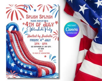 4th of July Waterslide Party Invitation Template: Editable Canva Invite (PNG Digital Download