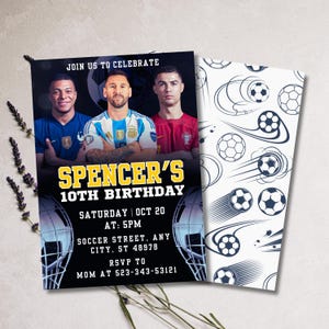 Modèle modifiable d'invitation d'anniversaire de football, fête sportive personnalisée, stars du football, Messi, Ronaldo, Mbappé, impression sur toile