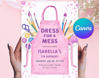 Puede incluir: Una tarjeta de invitación rosa con el texto "Dress for a Mess" y "Isabella's 7th Birthday!" presenta un diseño de delantal, pinceles y una paleta de pintura. El logotipo de Canva es visible en la esquina.