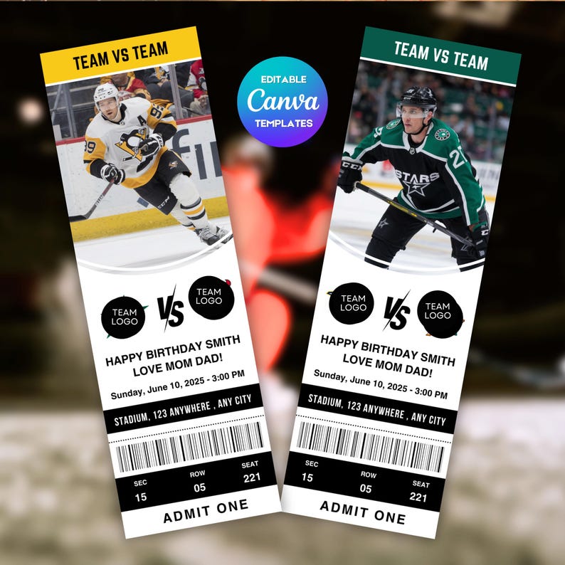 Editable Hockey Game Ticket Template Surprise Gift, Canva Template
