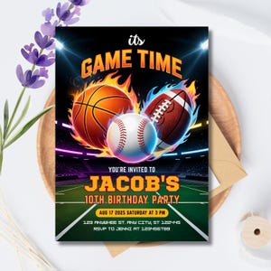 Sport-Geburtstagseinladung | Geburtstagseinladung | Baseball Basketball Football Party | Kindergeburtstag Sport Thema | Sport-Event-Einladung